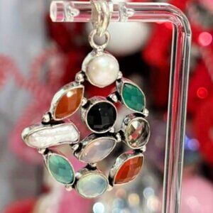 Vintage Multi Gemstone Unique Sterling Silver Plated Pendant for Necklace